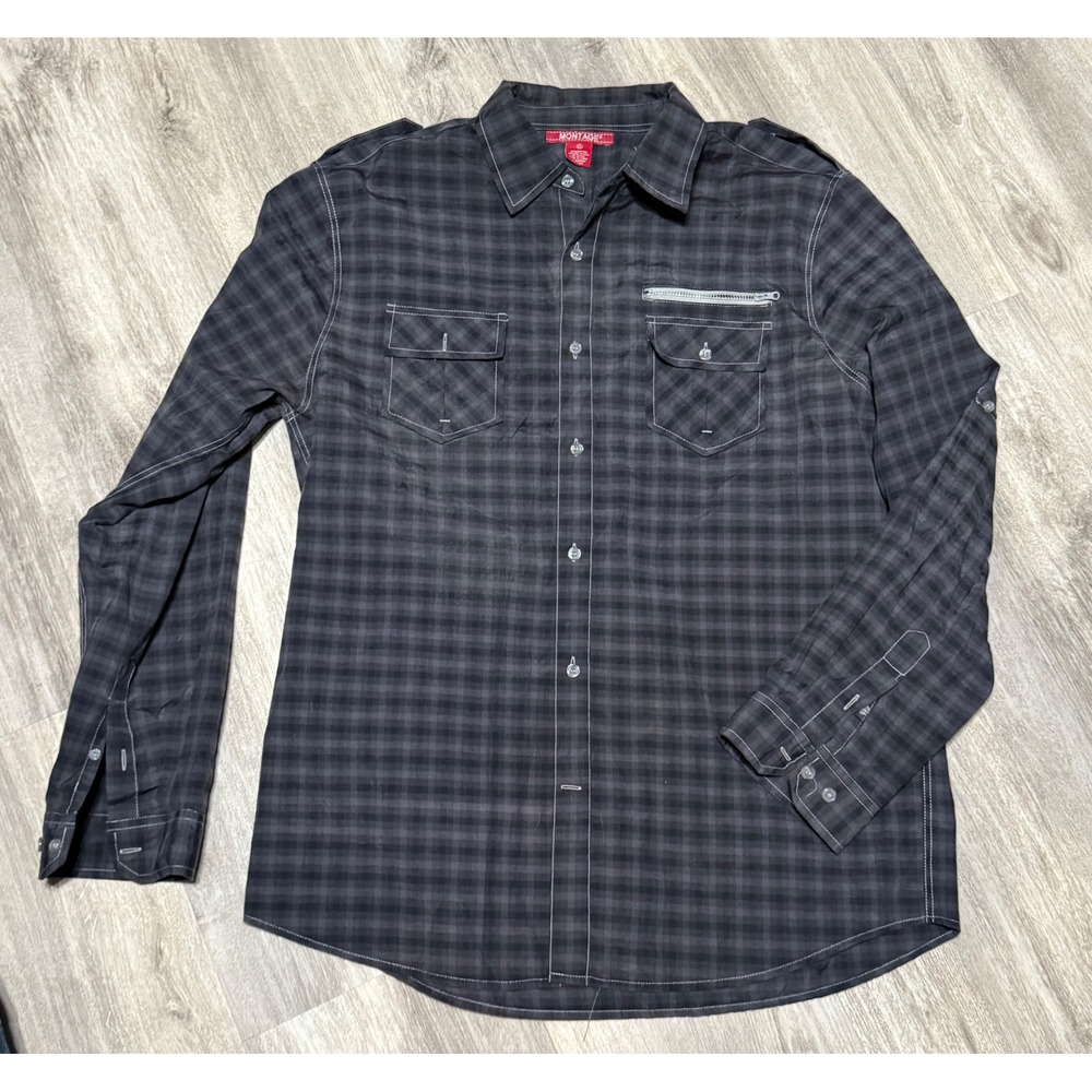 Montage Plaid Shirt Long Sleeve Button Up with‎ Pockets Gray Black XL